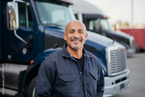 A smiling hispanic male truck driver standing near  semi truck