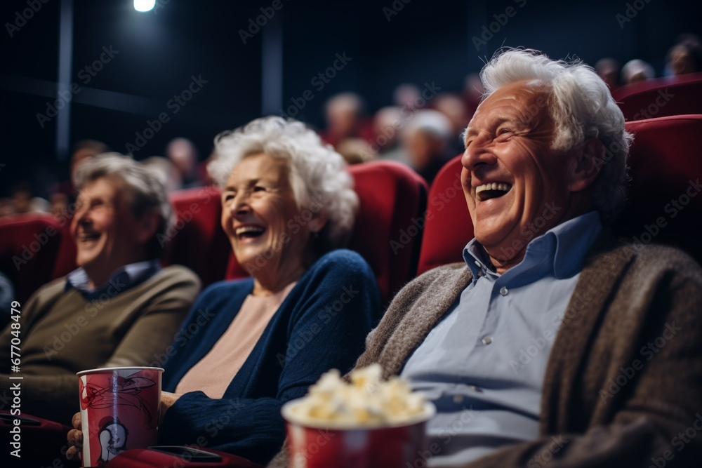 Elderly gray-haired man and woman, with popcorn in their hands, laugh at a movie in the cinema, Elderly gray-haired man and woman, with popcorn in their hands, laugh at a movie in the cinema,