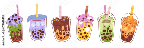 Bubble tea. Milk drinks with tapioca pearls. Summer fruit beverages in plastic cups with lids. Different tastes cocktails. Asian smoothie. Sweet milkshake glasses. Garish vector set