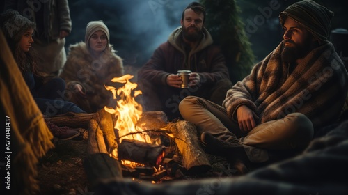 People resting by the fire with blanket, people and winter