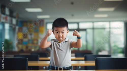 Vászonkép Portrait: Asian funny boy child showing his hand biceps muscles