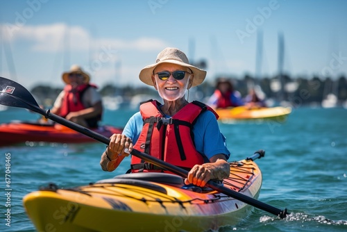 An elderly man with friends, families, kayaking on the water