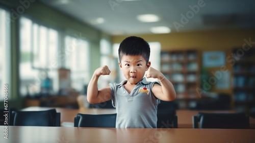 Portrait: Asian funny boy child showing his hand biceps muscles.in the classroom.