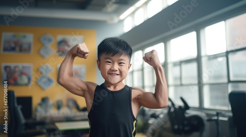 Portrait  Asian funny boy child showing his hand biceps muscles.in the classroom.