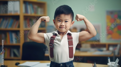 Fényképezés Portrait: Asian funny boy child showing his hand biceps muscles
