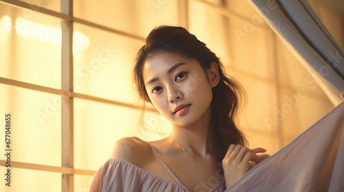 Woman and happiness,young beautiful asian woman relax bedroom.natural light and shadow