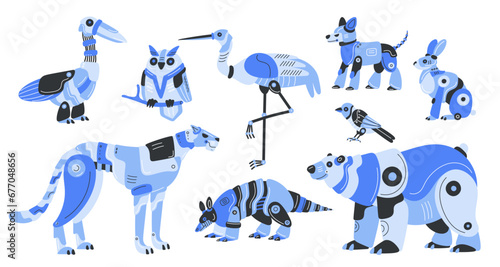 Cartoon robotic animals. Futuristic technologies. Cyber fauna androids. Mechanical birds. Mammal transformers. Automaton creature. Metal bear or hare. Electronic mascots. Garish vector set