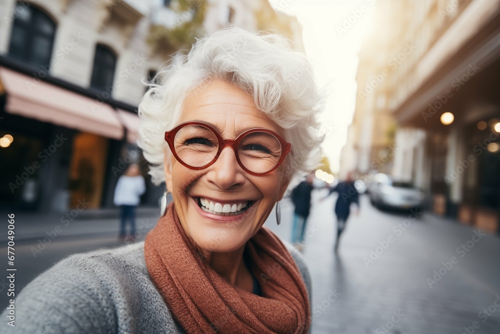 Senior woman smiling confident making selfie by camera at street Senior woman smiling confident making selfie by camera at street