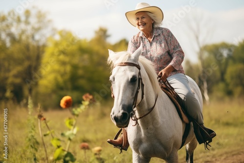 Senior caucasian woman riding a horse through the field on a ranch