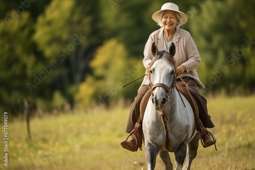 Senior asian woman riding a horse through the field on a ranch