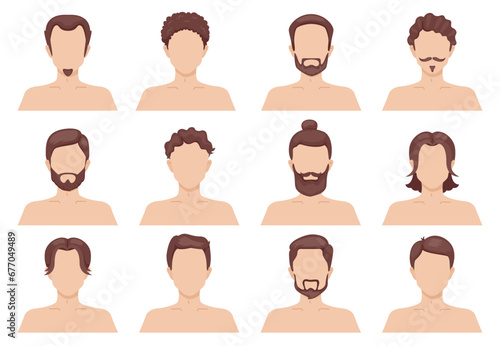 Man hairstyles. Male portraits with different haircuts. Beards and mustaches. Straight, wavy or curly brunette hairs. Human head. Long and short hairdo. Barbershop models. Recent vector set photo