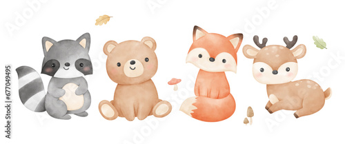 Cute woodland animal Fox Bear Deer For nursery birthday kids Print for invitation card Poster Template © Luckycatarts