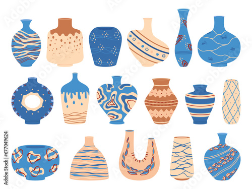 Modern ceramic vases. Clay and porcelain interior pottery. Decorative containers for flowers. Earthenware jug. Colorful amphora. Abstract blue pattern. Different shapes. Recent vector set