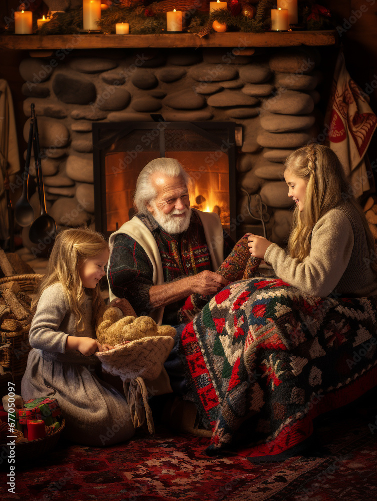 A Photo Of Grandparents Presenting Their Grandkids With Handmade Quilts By A Cozy Fireplace