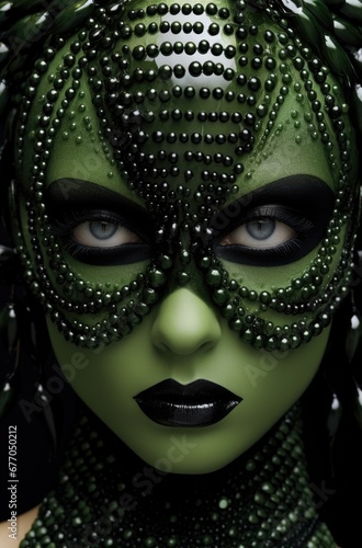 The Enigmatic Beauty: A Woman Transformed with Mysterious Green Face and Dramatic Black Makeup