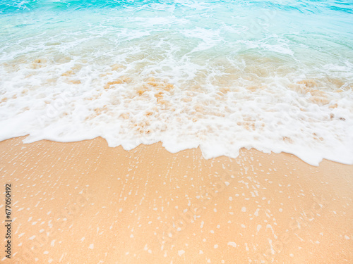 Beach Sand Sea Ocean Background Wave Blue Water Summer Shore Seaside Foam Calm Sandy Coast Beautiful Seascape Island Tropical nature  Mockup Tourism Travel Vacation Relax Holiday.