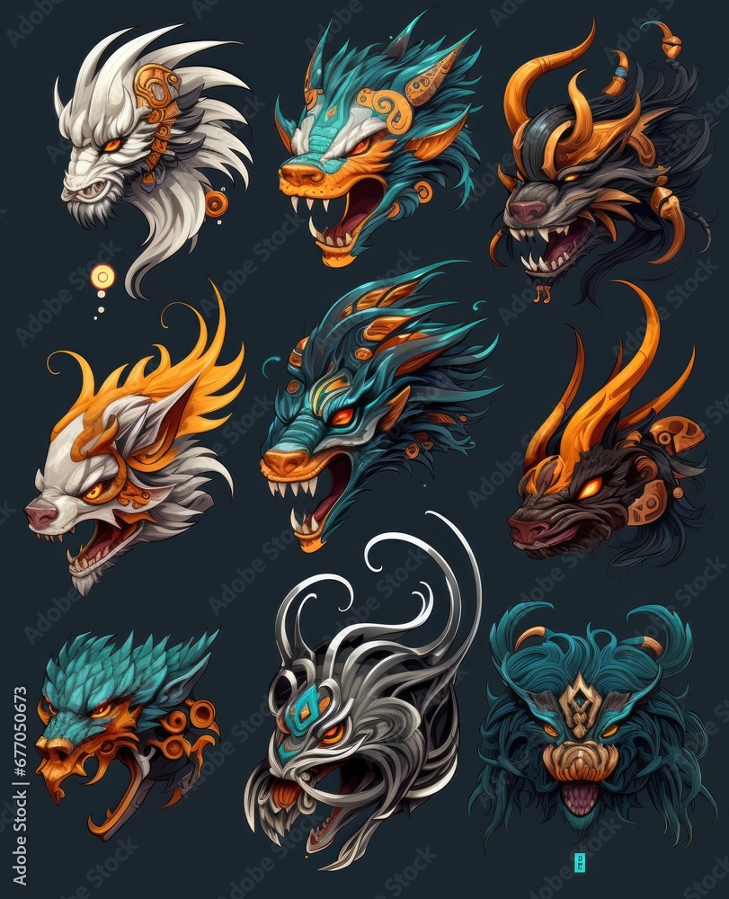 Dragons Unleashed: A Fiery Collection of Tattooed Dragon Heads on a Dark Canvas