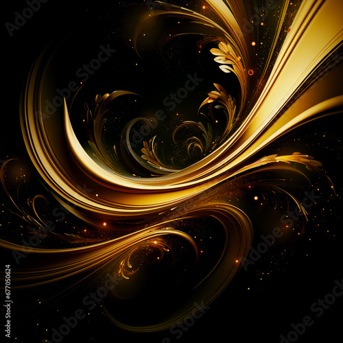 Abstract motion glowing wavy lines. Golden particles flash abstract background with glowing gold dust on a black background. Abstract image of luxury concept. AI generative. 