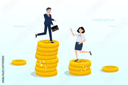 Businessman standing on much more paid money coins, woman on less small income coin, gender pay gap, inequality between man and woman wage, salary, income, issue about gender diversification (Vector)