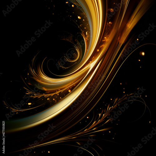Abstract motion glowing wavy lines. Golden particles flash abstract background with glowing gold dust on a black background. Abstract image of luxury concept. AI generative. 