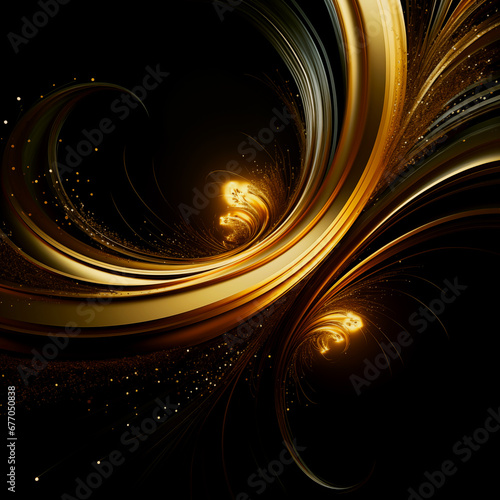 Abstract motion glowing wavy lines. Golden particles flash abstract background with glowing gold dust on a black background. Abstract image of luxury concept. AI generative. 