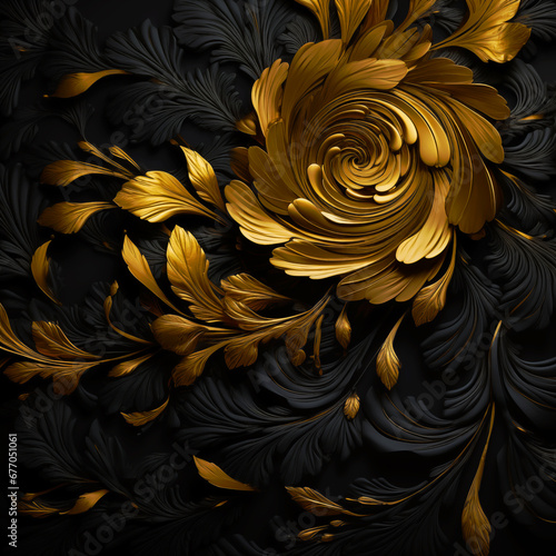 Abstract artistic background. Decorative design with metallic flowers made of gold on black background. 3D illustration. AI generative. 