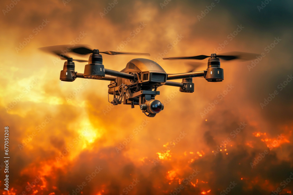 Military drone in flight observing positions. An unmanned aerial vehicle against the background of an explosion. War. Intelligence service. Modern weapons. Military drone in flight observing positions. An unmanned aerial vehicle against the background of an explosion. War. Intelligence service. Modern weapons.