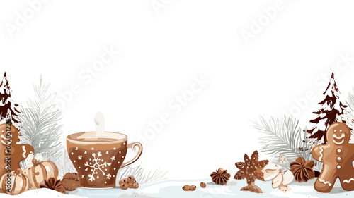 stockphoto, Winter elements border design. Background with woolen mittens, tea mug, coffee cup, gingerbread, winter forest foliage, snowflakes and stars isolated on white background. Design for Christ