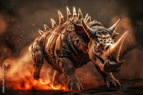 A terrible dinosaur Triceratops with an open huge mouth and powerful teeth. Prehistoric monster.
