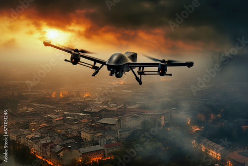 Military drone in flight observing positions. An unmanned aerial vehicle against the backdrop of a burning city. War. Reconnaissance and attack. Modern weapons.