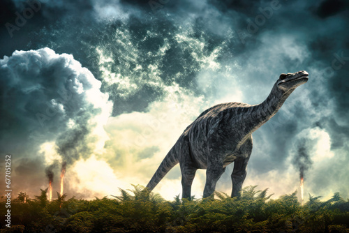 Diplodocus dinosaur on the ancient jungle. Dinosaur. Jurassic period. A huge monster. Global catastrophe. Death of the dinosaurs. © Anoo