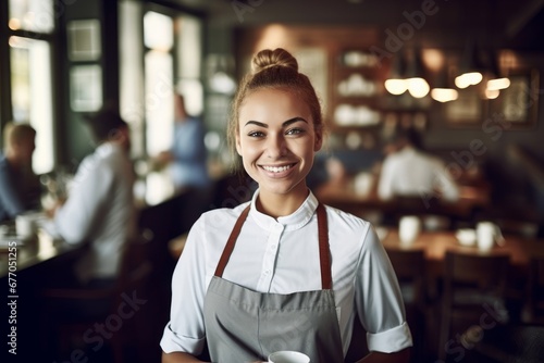 Nice and smiling waitress while working in a café. Generative AI © The Picture House