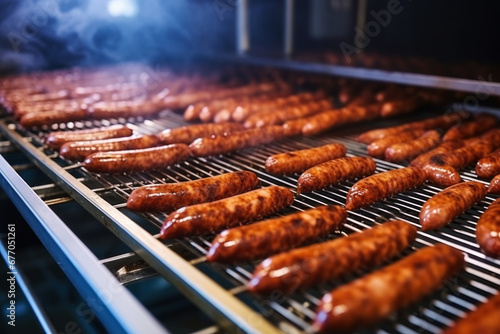 Photo of hot dogs grilling on a summer barbecue. Industrial smoking of sausages and meat products in a factory. sausage in the smokehouse. flavorful sausages.