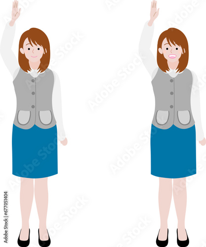 笑顔で片手を高くあげるOLのイラストセット