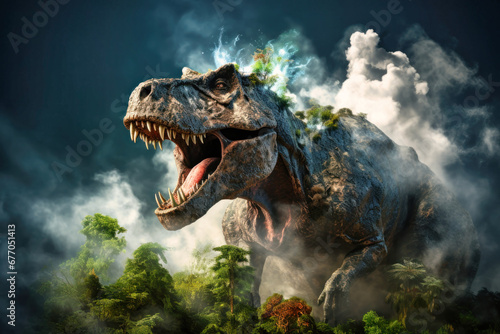 A huge dinosaur Tyrannosaurus T-rex against the backdrop of the primeval jungle. Prehistoric owner of the planet. A terrible predator.