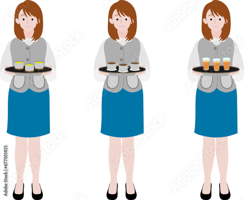 お茶を出すOLのイラストセット