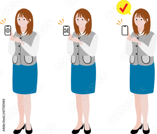 スマホの画面を見せて説明するOLのイラストセット