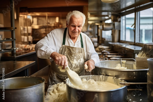 Photo of a man cooking in the kitchen with a ladle. An elderly cheese farmer makes homemade cheese. Private cheese production.