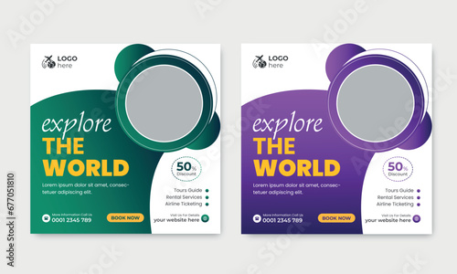 Travel sale social media post template. Web banner, flyer or poster for traveling agency business offer promotion. Holiday and tour advertisement banner design