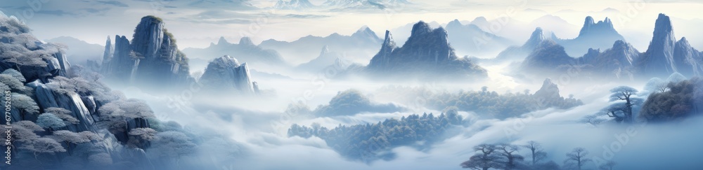 Mystical Mountains: An Enchanting Painting of a Foggy Mountain Landscape