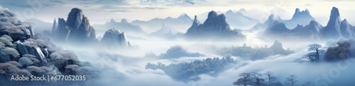 Mystical Mountains  An Enchanting Painting of a Foggy Mountain Landscape