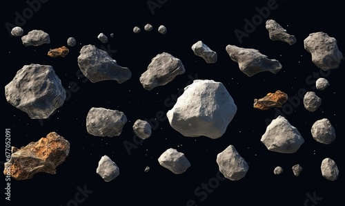 collection of asteroids, big and small space rocks, isolated, Generative AI