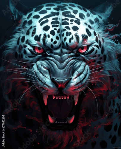 Majestic White Tiger With Piercing Red Eyes Standing Against a Dark, Enigmatic Backdrop © pham
