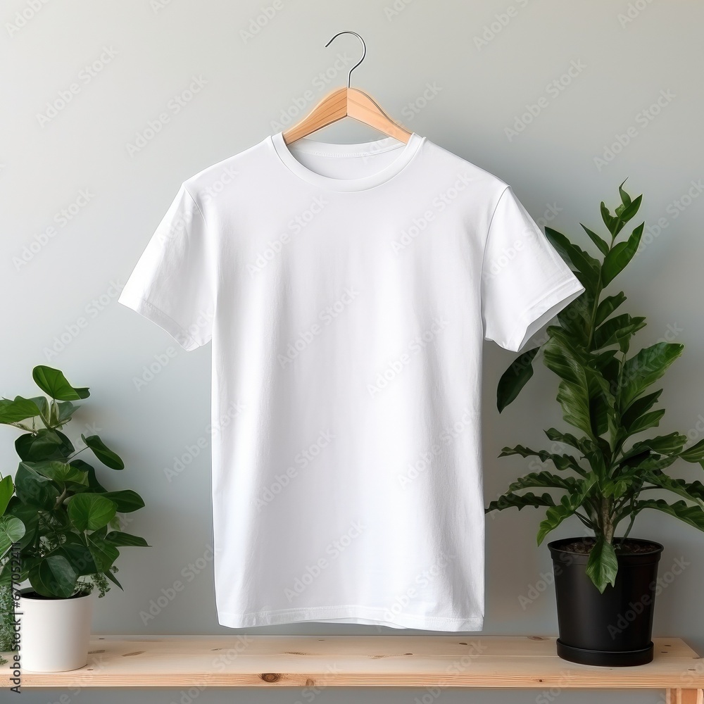 Blank White T-Shirts Mock-up hanging on white wall Blank White T-Shirts Mock-up hanging on white wall