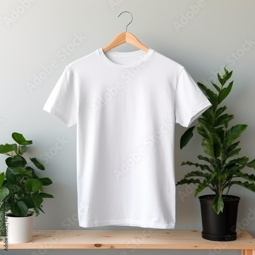 Blank White T-Shirts Mock-up hanging on white wall