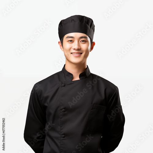 Portrait of confident Smiling male chef looking at camera in white background.