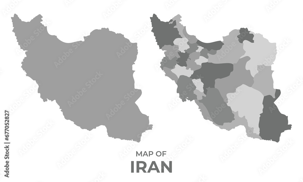 Greyscale vector map of Iran with regions and simple flat illustration