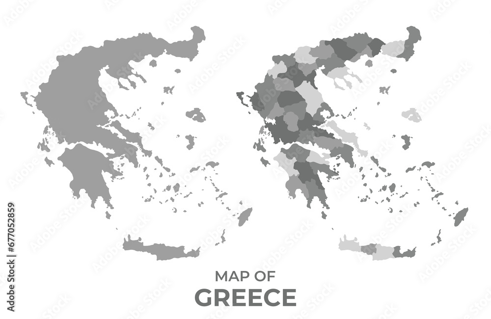 Greyscale vector map of Greece with regions and simple flat illustration