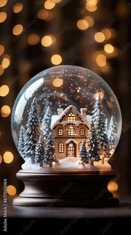 Winter scene encapsulated in glass globe, detailed house, snowy trees, glowing ambient lights in background. Yuletide celebrations.