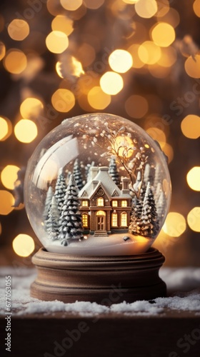 Decorative snow globe featuring classic house, wintery pine trees, against shimmering lights backdrop. Seasonal decor and festivities. © Postproduction